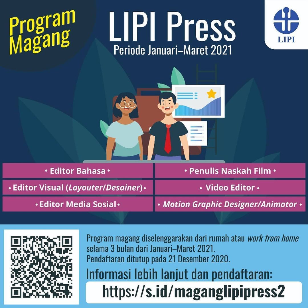 KampusUpdate's tweet photo. Yuk, magang di LIPI Press!

Periode Januari - Maret 2021

Pendaftaran: https://t.co/TjqPawmYRZ https://t.co/Aw74BBp6pV