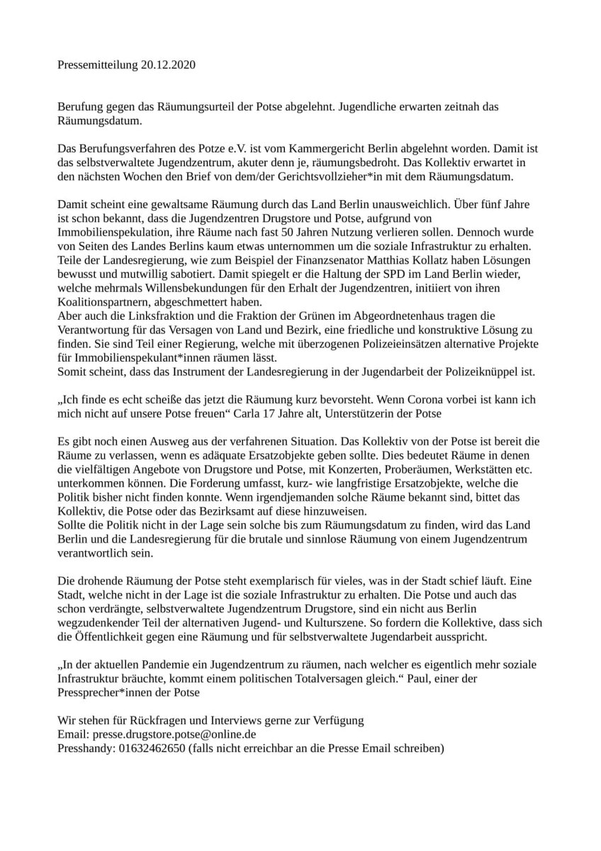 Das Berufungsverfahren wurde abgelehnt.
Die #Potse rechnet zeitnah mit dem Räumungsdatum.
Drugstore und Potse brauchen euren Support!
#potsebleibt #drugstorelebt #unserfreiraum #Meutebleibt #interkiezionale #R2G #köpibleibt #Liebig34lebt #syndikatlebt #b201220 #Berlin #schöneberg