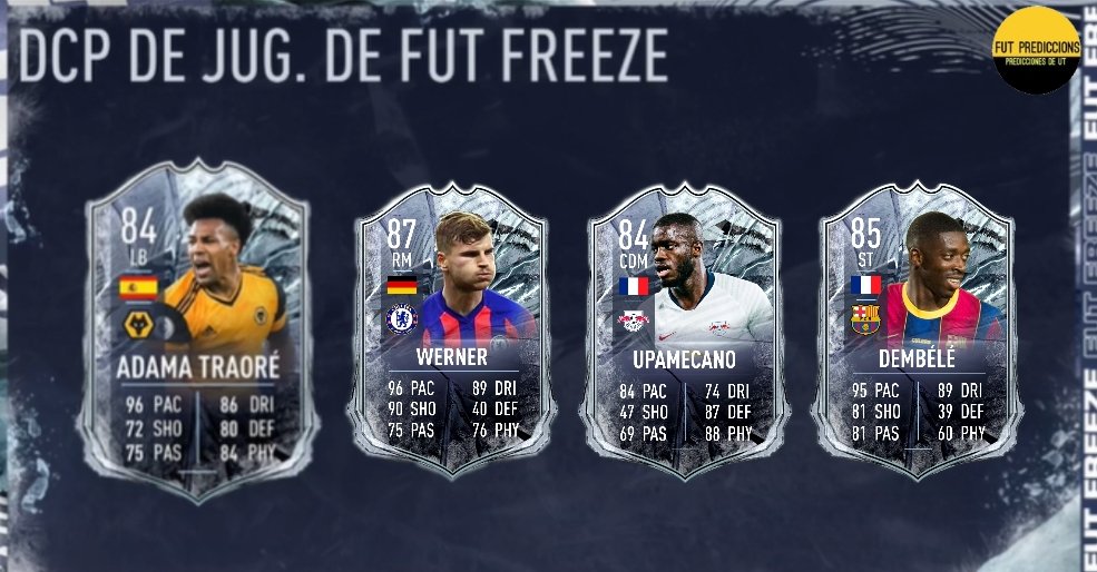 FUT_PREDICCIONS's tweet photo. - PROXIMOS SBC #FUTFREEZE ☃️-

¿Quiénes pueden ser?🕵️

Domingo: RM
🇩🇪Werner ST→RM
🇳🇬Simon LM→RM

Lunes: Red Bull Leizpig
🇫🇷Upamecano CB→CDM
🇦🇹Laimer CDM→CB

Martes: ST Frances
🇫🇷Dembéle RW→ST
🇫🇷Saint-Maximin LM→ST

¿Quién te gustaría?

RT🔄 y LIKE♥️ se agradece!! https://t.co/ElMg7Xk6z1