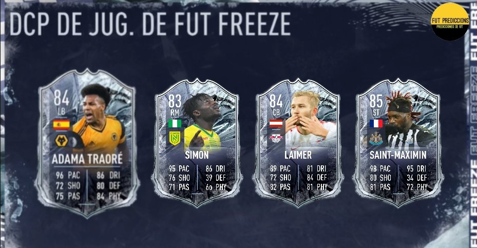 - PROXIMOS SBC #FUTFREEZE ☃️-

¿Quiénes pueden ser?🕵️

Domingo: RM
🇩🇪Werner ST→RM
🇳🇬Simon LM→RM

Lunes: Red Bull Leizpig
🇫🇷Upamecano CB→CDM
🇦🇹Laimer CDM→CB

Martes: ST Frances
🇫🇷Dembéle RW→ST
🇫🇷Saint-Maximin LM→ST

¿Quién te gustaría?

RT🔄 y LIKE♥️ se agradece!!