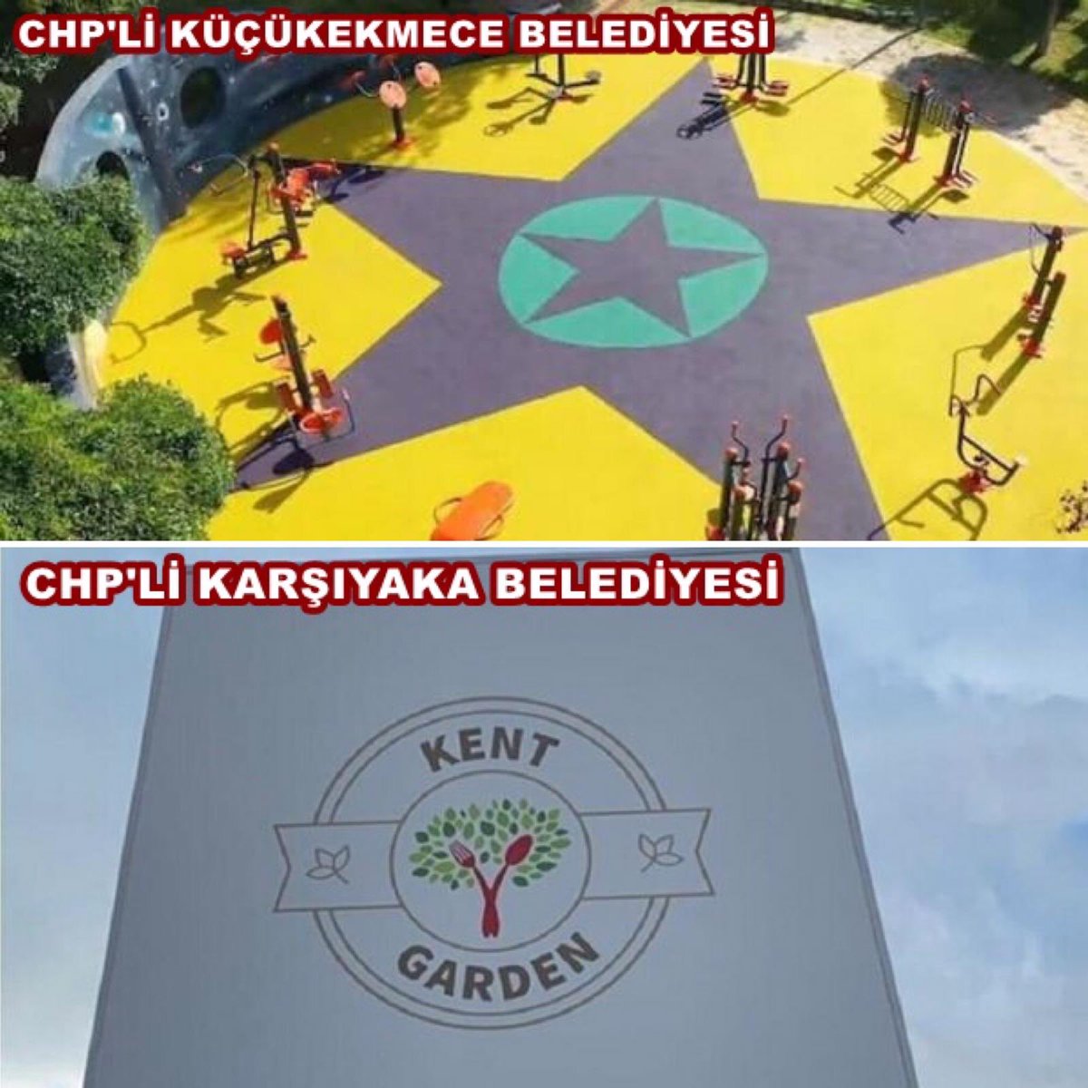 CHP’nin, HDP aşkının bir göstergesi daha...
Çocuk parkına PKK paçavrasını yerleştiren CHP’li Küçükçekmece Belediyesinden sonra, CHP’li Karşıyaka Belediyesi de HDP logosundan ilham almış...