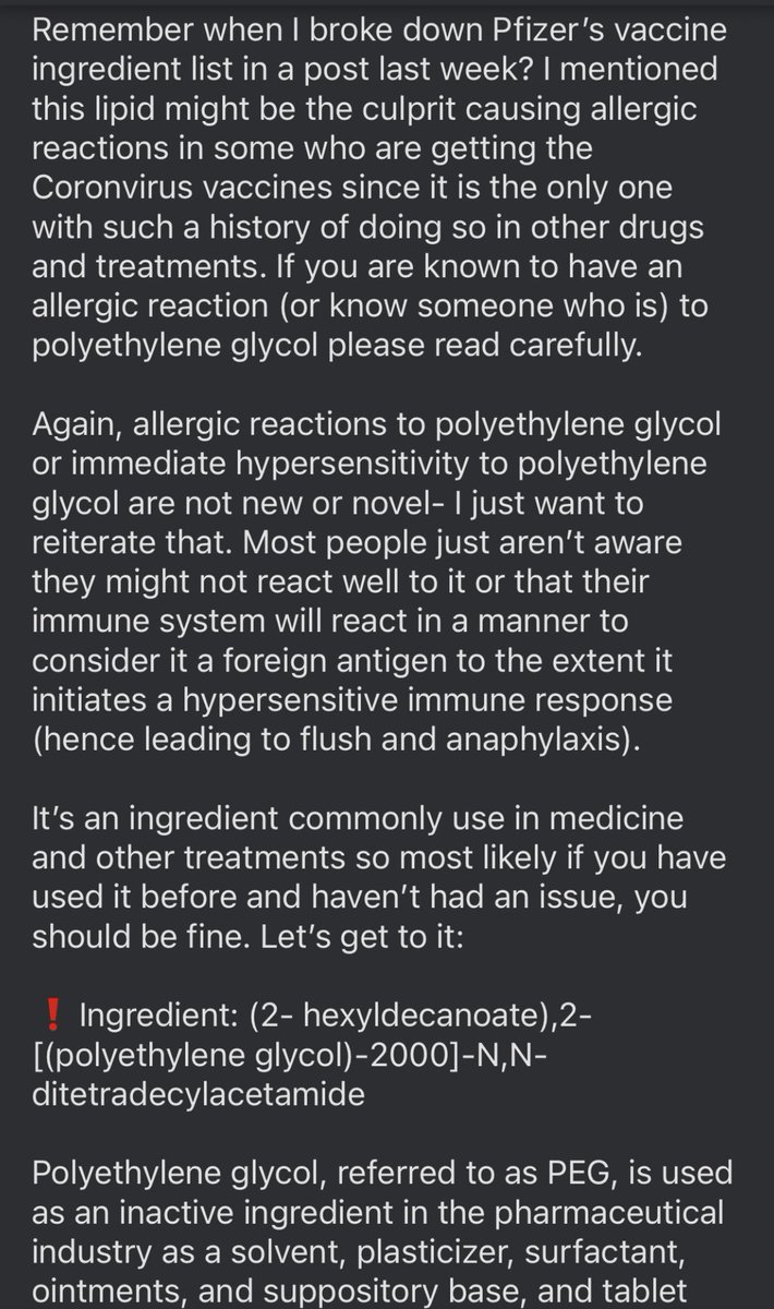 The CDC issued new guidance yesterday addressing the allergic reactions to Coronavirus vaccines.If you have read my posts, you might remember I mentioned Polyethylene Glycol. This commonly used ingredient is most likely the reason behind them.Please read and share. 