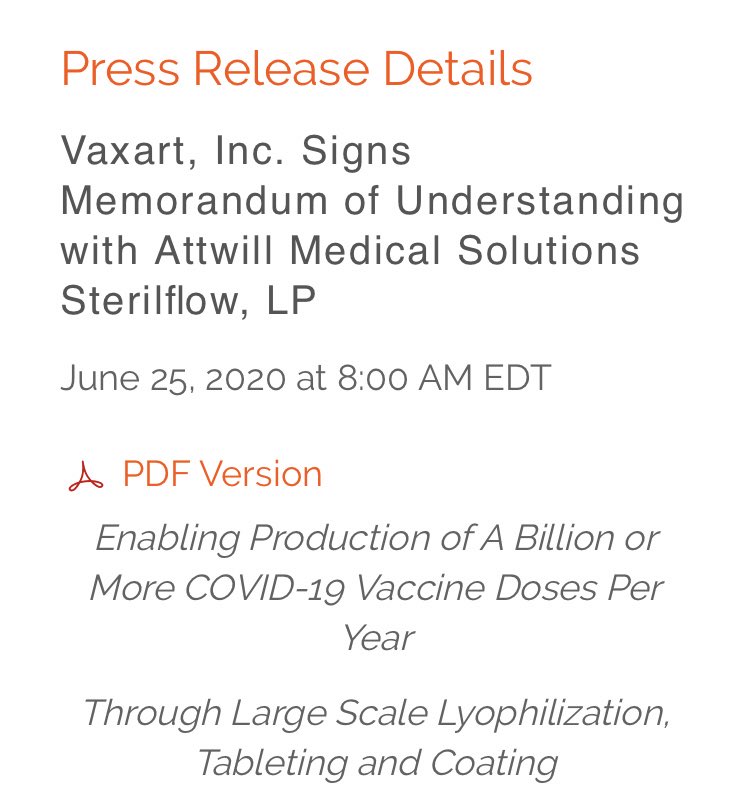 As headlines about Pfizer’s vaccine shortages start to pile up, it’s worth remembering that Vaxart already has a manufacturing agreement with Atwill Medical Solutions to produce “a billion or more doses per year” of their oral vaccine. You read that right — one BILLION. $VXRT