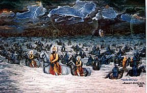 The Mughals broke their oath on Allah and the Quran that they would not attack.A group of Singhs fought the armies, keeping them back while the rest of the Sikhs, Guru Sahib and Guru Sahib's family crossed the rivulet in the heat of the battle. (14/19)