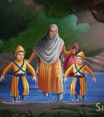 Baba zorawar Singh ji and Baba Fateh Singh Ji, got separated from the Khalsa forces. Of the 400 hundred that had left Anandpur, only the Guru, his two eldest sons, (16/19)