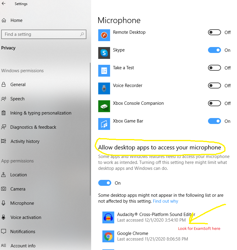ZaviehLaw's tweet image. If you have a Chapter 6 notice from @StateBarCA for lack of audio, check your PC settings for when mic was accessed by ExamSoft. Settings-microphone-choose which apps can access microphone-scroll to bottom. If ES is listed as accessing it at the exam, include screenshot.
