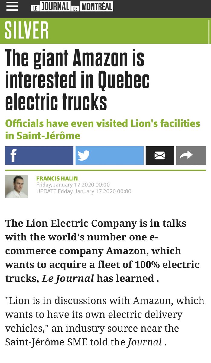 First Amazon rumor broke in Jan 2020 when Le Journal de Montreal broke Amazon secret visits to Lion Electric factory  $NGA https://www.journaldemontreal.com/2020/01/17/le-geant-amazon-sinteresseaux-camions-electriques-quebecois