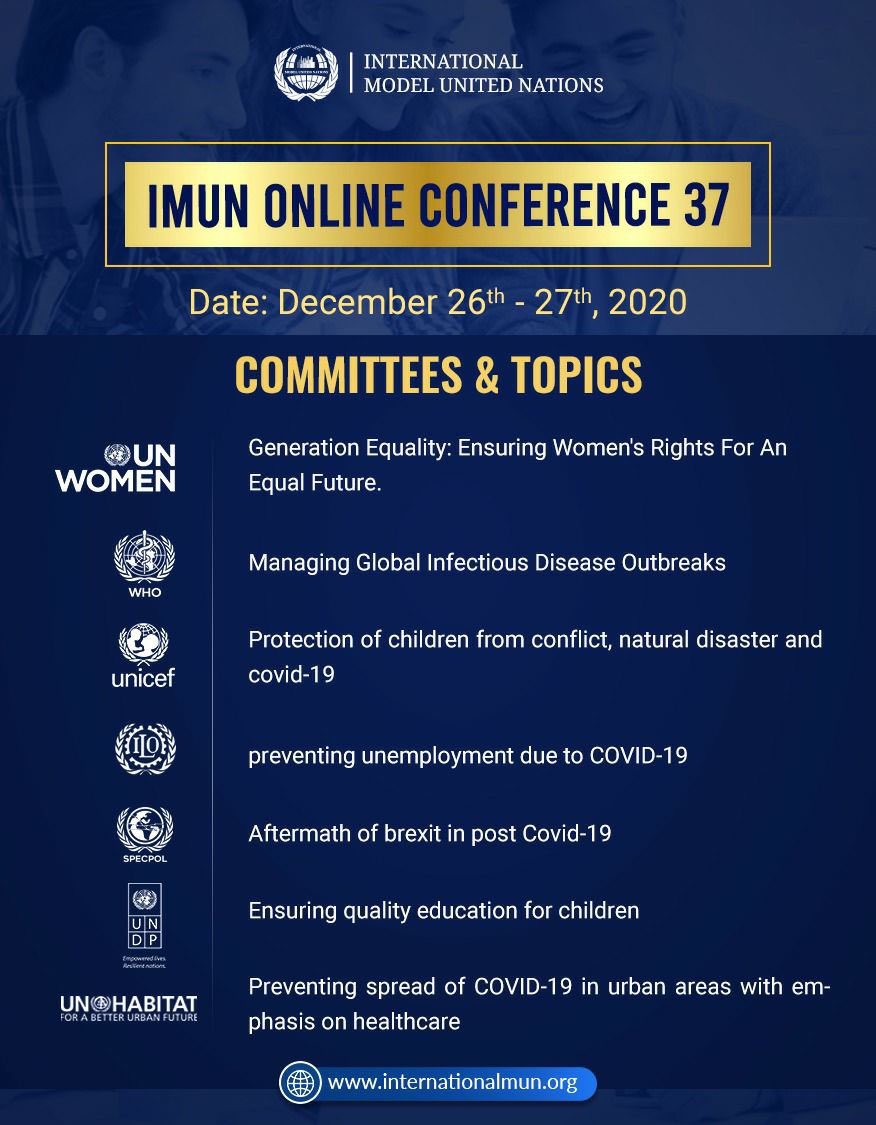 me2janu's tweet photo. ALL participants get UN-recognised certificates, free MUN training, expert Q/A sessions, MUN material and more goodies 🎯

Dates: 26 and 27 December

#InternationalMUN #mun #imun #modelunitednations #imun2020 #youth #globalopportunity #opportunity #conference #webinar https://t.co/IpwlcesAFv
