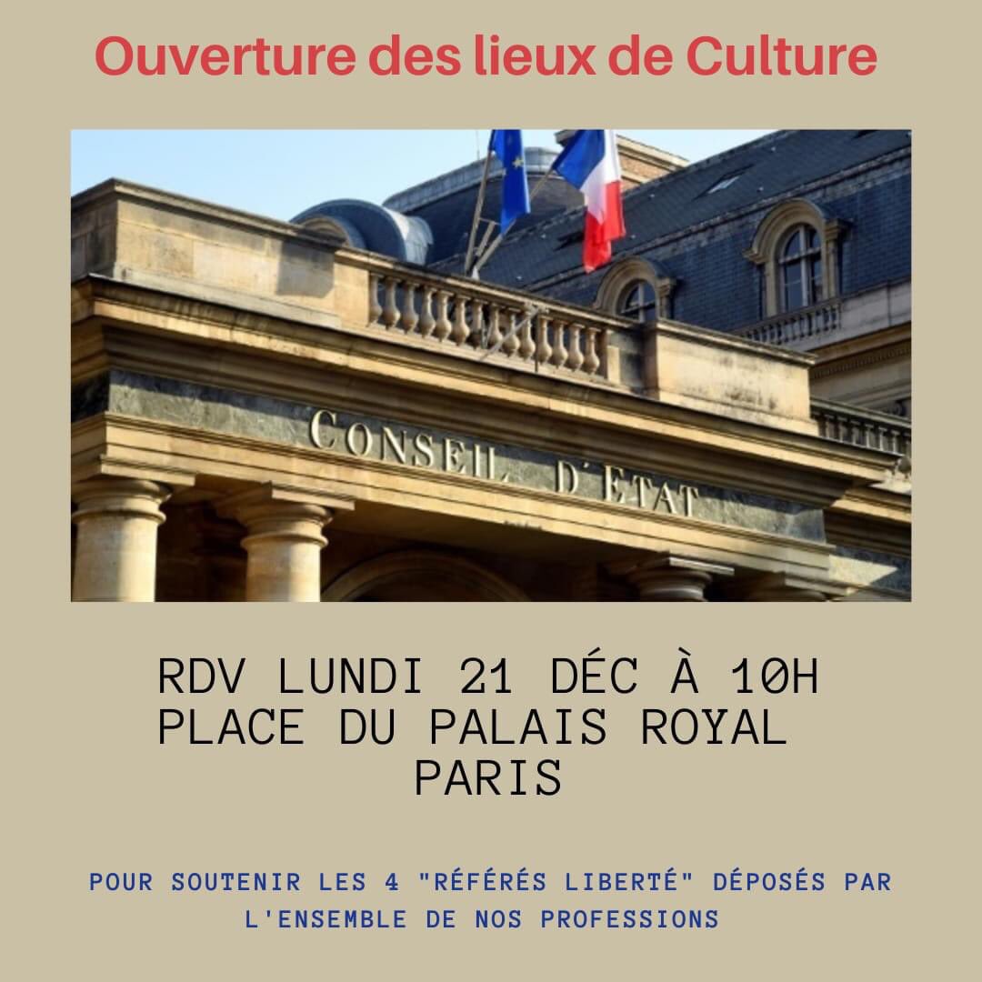 ArnaudAGNEL's tweet image. Les #référés #liberté pour la #réouverture des #théâtres, #cinemas, #musees, #sallesdespectacles seront examinés demain par le @Conseil_Etat (situé à côté du @MinistereCC). 

Un rassemblement des #acteurs de la #culture est prévu devant demain lundi 21 à 10h. 
J’y serai? Et vous?