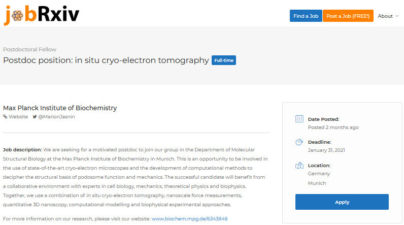 jobRxiv's tweet photo. #ScienceJobs:
Postdoc position: in situ cryo-electron tomography with @MarionJasnin
@MPI_Biochem, Munich, Germany
https://t.co/cb9NRid0qe
#cryoET #cryoEM #structuralbiology #subtomogramaveraging #podosome #actin #cytoskeleton #mechanobiology https://t.co/kcRBqUFM3p