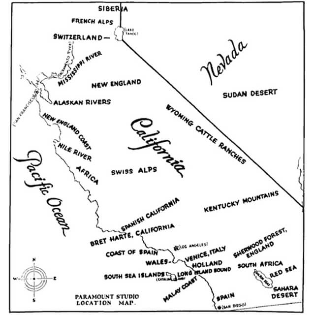 Paramount location map indicating which parts of California and Nevada could stand in for international destinations.