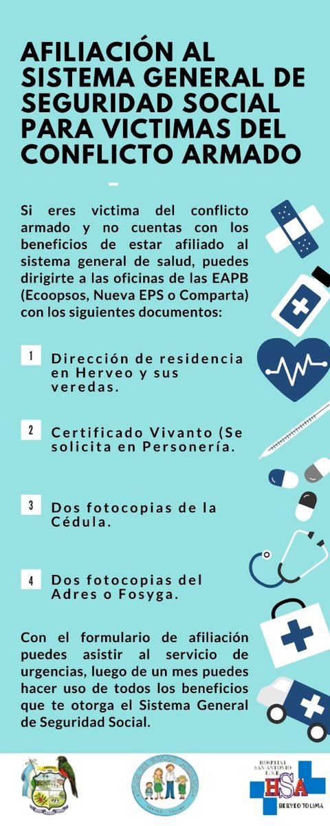 MunicipioHerveo's tweet photo. Si eres victima del conflicto armado y no cuentas con los beneficios de estar afiliado al Sistema General de Salud, puedes dirigirte a las oficinas de la EAPB (#Ecoopsos, #NuevaEPS o #Comparta) con los siguientes documentos: 👇
https://t.co/L5qTCrKHIh https://t.co/LRlkBJhOuj