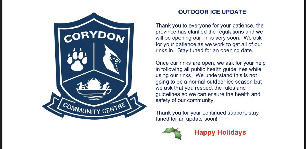 Outdoor ice update!  We know everyone is excited to have the rinks open, we are working to get them in and will update once they are open!  Stay safe and happy holidays! ⛸ 🛷 #corydoncc #outdoorice #2020 #happyholidays