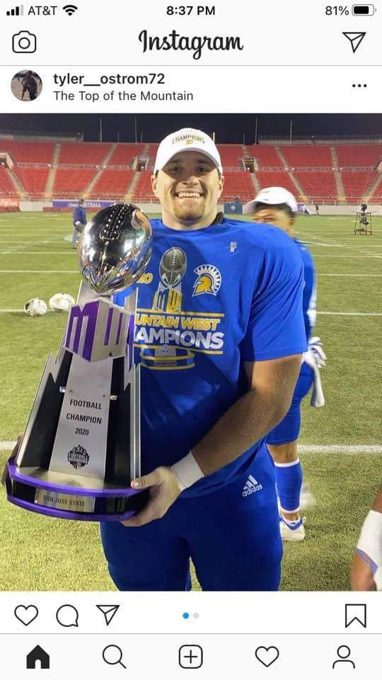That's <a href="/SeraphFootBall/">St. Bonaventure Football</a> grad Tyler Ostrom holding the 2020 <a href="/MountainWest/">Mountain West</a> title. He's witnessed and played a part in San Jose State's huge turnaround.