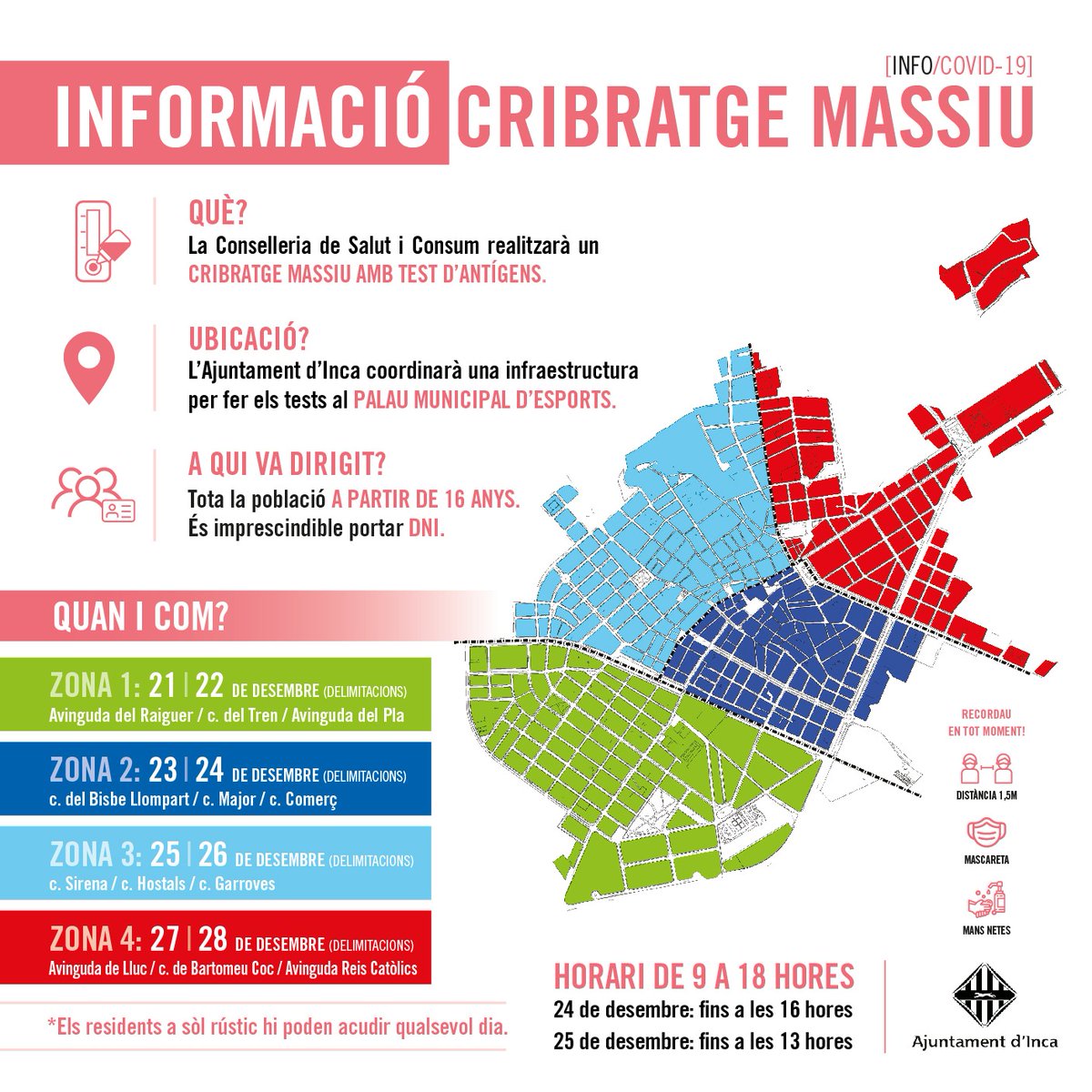 Indi_Inca's tweet image. Inqueres, inquers, entre tots hem d'aturar la #COVID19 i salvar vides. De demà 21 fins el 28 de desembre, participau en el cribat massiu al Palau d'Esports d'Inca. Duis el DNI. Aquí podeu consultar-ne tota la informació #cribatgeInca👉incaciutat.com/cribratge