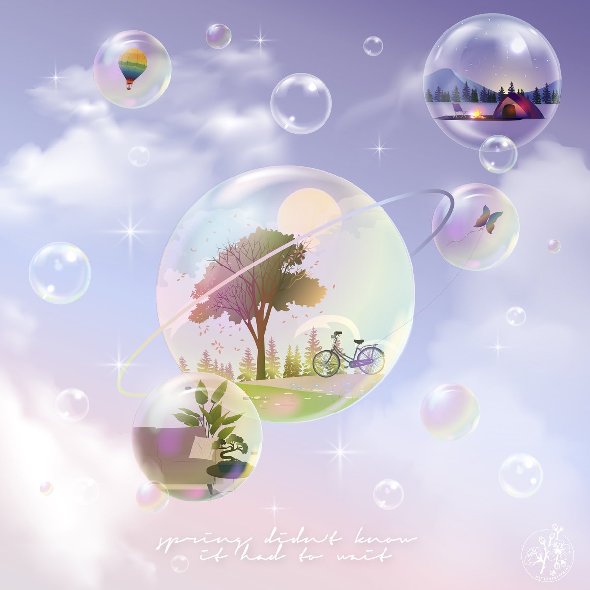 witheveryspring's tweet photo. — spring didn’t know it had to wait 🌸🏞

a little late but here’s my life goes on inspired design ft. everything that i love (and bubbles!!!) ~ prints anyone? 💜✨🎐

hope everyone’s having a good break! 🎄

#bts #LifeGoesOnWithBTS #btsfanart https://t.co/qJgiRIF9MK