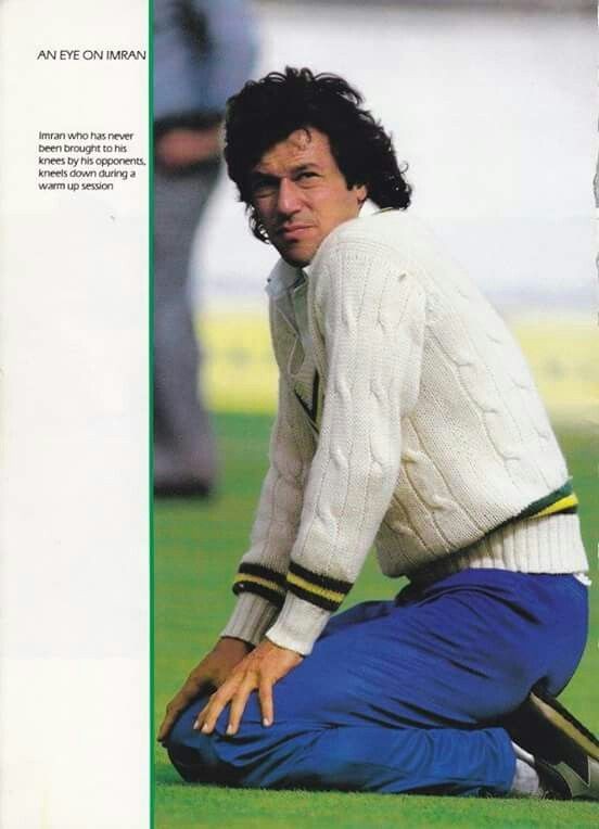 Caption. "Imran who has never been brought to his knees by his opponents.."