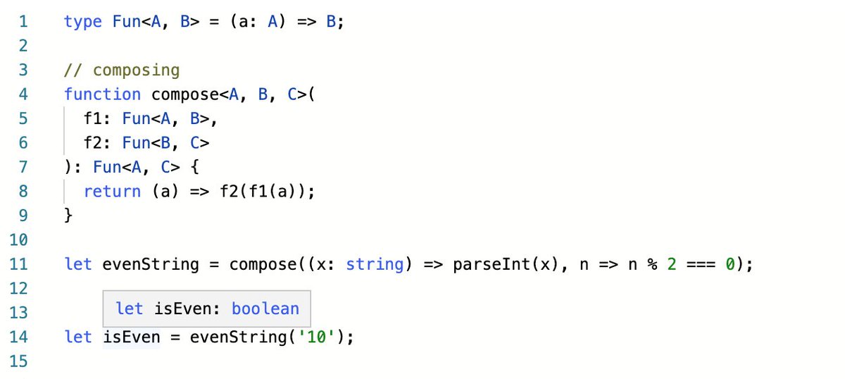 Functional - TS has the ability to infer the type of inline function expressions and manipulate function types, supporting many common functional programming patterns. https://www.typescriptlang.org/play?#code/C4TwDgpgBAYgrgOwDwEEA0UBCA+KBeKACgEMAuKFASn10wG4oBYAKBYHo2oBjAewFswPAM4BLBAHMWAM0RdgIngm79BQiKgyYMAYWyEWUKFICM5eMnRZsaA0YBMZxEi1RdLSo4s7cAb1sAnCGA4fyUSajxcKTtCE3DKOhYAXxYWABsgqAgANwgEAGVgfzFxfGUBYQhCQgAPciEikojcMGJ-NQBJBGBaygwlSKglAFIoO3w8AgAGBNTmDOAoQKE4NOBjMpy8wuKJQgByYyn92dZmDm4Q-xAS9MziABMHspJyBDg+ACMIfwxPt4+338zSgxCgAGooJ9EmcFqCnhsCI8HgA6T5iB6Ed5pNIYYynO6LRQQAASiAegWeSIRhAAnLTTkA