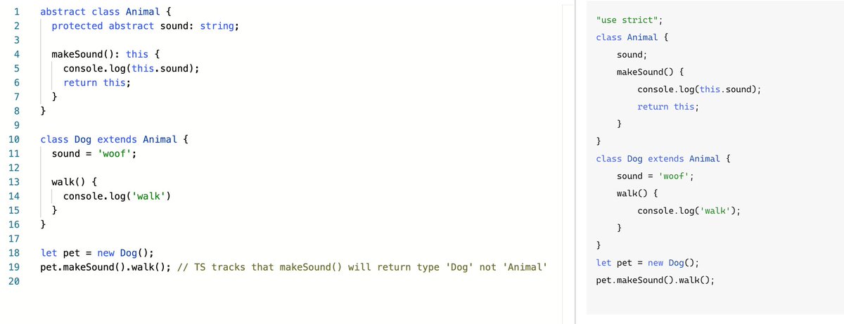 Object-oriented - Direct support for common OO patterns such as abstract classes and behaviors like the dynamic nature of ‘this’ https://www.typescriptlang.org/play?useDefineForClassFields=true&target=99#code/IYIwzgLgTsDGEAJYBthjAgggOwJYFthkEBvAWACgEEAHKAewgFN4mATBUSGeBMegK7Y2ALj7Rc2AOYBuSpWqEA1kwDKg4QAoAlGIgALXBnJVqSetn7ImAOmT0pmg0Zv8hbbXNPUoTCAKhsBGcwL2oAX0pIikoUNAwAEQcEJgAPZmEMHAIiUgU+DQ4AXgQAcgB3enoAM1KvfPKiJR0873NLems7B00KptLtfOjoymtEGj8EEuwmcoQkx09KCYgbZTVCnRtG5GbPBAB6A4QAFVVgniUMA2BEdfV3FvLcZGJff0DggE8JsoXShDYRhlbKEZClShAA