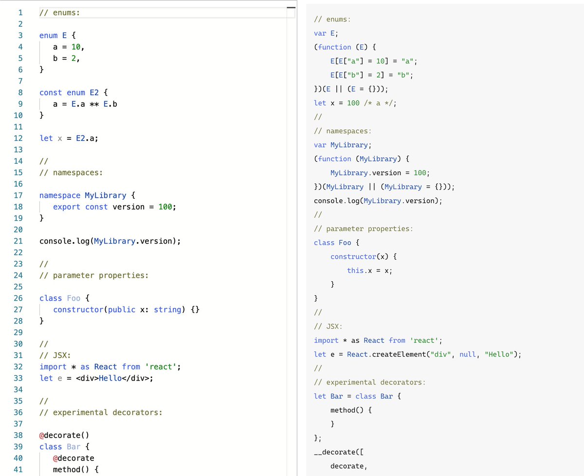 (not) Erasable - enums, JSX, namespaces, parameter properties and decorators are all non standard syntax that is transformed into JS instead of being erased. TS hasn’t added any more non-erasable features since 2015. https://www.typescriptlang.org/play?noEmitHelpers=true#code/PTAEFMDsFcFsGcBcBYAUGqdQFFQG81QiBDUAXlAEYAGAGkKICNzQAme1AXzTQGMB7SPAAuEGLByt8DUKQrYAdKQBUynAsZpu6VABtwogB4tsrJQG4eqEGhChIxWOHgAHYr2codDp6-fhQAFkATwAZAEtGACdiKODpVCIIQxd+KNEBIVEAN3Ao+HDBFhpqSy4rTPh+fQVdfgBzAAoQiOjY4IVc-MLIAEoy22BB0DcYp2E8kaj+FzzhcM8K3WJ4eFAAMX5+BKTK4SjoXmE0xpdoRl1w3lBDRFARKPDIet78bW1B4YApAGUADS84VgqXSoDUK1AACVwO5RAAzaYSADkURhRyRZX0ogCFAAPAATcLZAB8AAlwLo6rjgISSQNrEMGclZo8nJBhMRdKB8eABDFjvkvGgAAI8vnECaNXp8ZarUAAIViOyIot5aQl4Bk4wAFvx8VKEjJ3mgxctUaBskqxeqJndiJBgmUgA