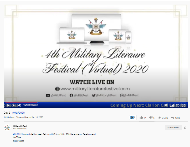 Ojaswwee's tweet photo. Feathers of Hard Work! 🏆🏆🏆🏆🏆
#MilitaryLiteratureFestival2020 Promo Film by @pinakamediawork for @MilitaryLitFest Literature Festival Association.
@vpsbadnore @capt_amarinder @MSBADAL @PunjabGovtIndia @pinakamediawork @Ojaswwee
#MLF2020 #PromoFilm https://t.co/sz0gEtVPu5