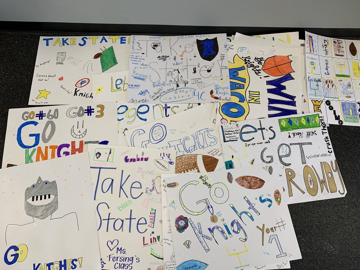 One of the beauties of being a K-12 school.  Many thanks to some of our grammar kids who made over 25 posters for our Varsity Knights this week.  Some of them straight up 😂.  Champions top to bottom!