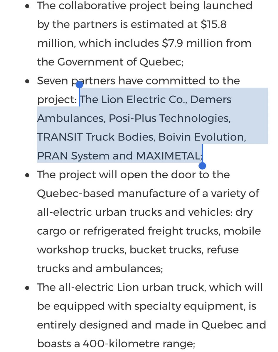 In Nov 2019, Lion Electric partnered with the Quebec Government and and seven other industry trucking leaders in launching a major project to integrate tech into all-electric heavy vehicles  $NGA  https://www.newswire.ca/news-releases/lion-and-partners-to-accelerate-the-electrification-of-heavy-transport-847168890.html