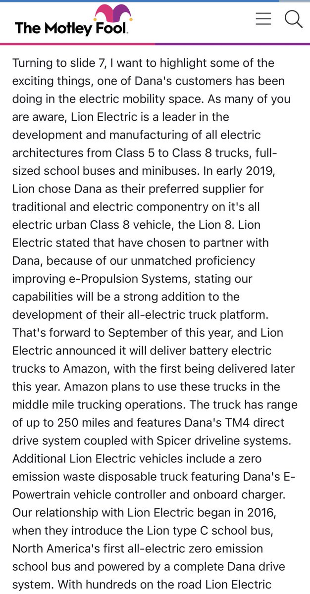 Lion Electric  $NGA shoutout at  @DanaInc_ Q3 earnings call last month. Highlighting Amazon deal. https://www.fool.com/earnings/call-transcripts/2020/10/28/dana-incorporated-dan-q3-2020-earnings-call-transc/