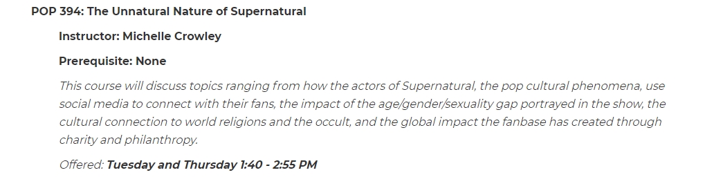Politics, comics, TV shows, music, videogames. What else? The academe!NKU is also offering a course about  #Supernatural  ! The professor's name? Crowley of course!  @PreheatingProf  @SPNatNKU