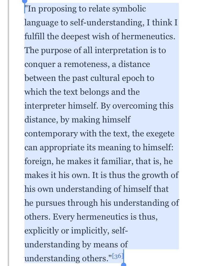 So Gadamer and Ricouer’s *post phenomenology* is in opposition to a crudely objective reading of the text but also sees idealist romanticism as insufficient, rather they suggest a dialogic approach between the interpreter (n their social/historical context) and the text (Wiki)