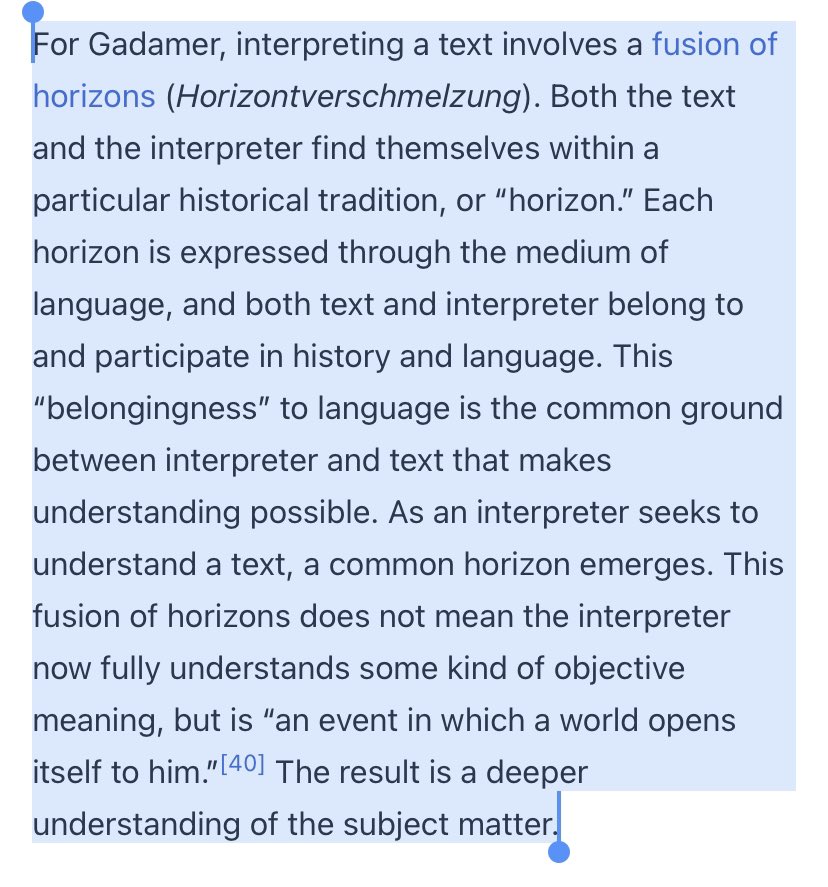 So Gadamer and Ricouer’s *post phenomenology* is in opposition to a crudely objective reading of the text but also sees idealist romanticism as insufficient, rather they suggest a dialogic approach between the interpreter (n their social/historical context) and the text (Wiki)