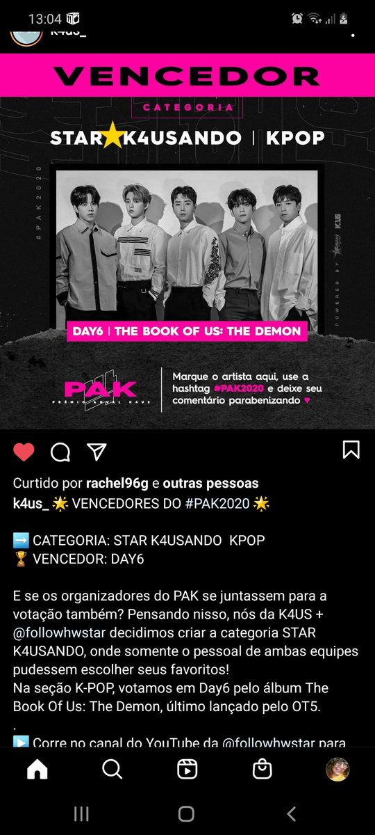 PortalDAY6BR's tweet photo. O DAY6 ganhou na categoria "Melhor Banda de 2020" e na categoria "Star K4usando" (categoria onde somente as equipes organizadoras do prêmio votaram) do #PAK2020  da @K4US_ e @followhwstar 🎉🎊 https://t.co/S9VlG5s2fv