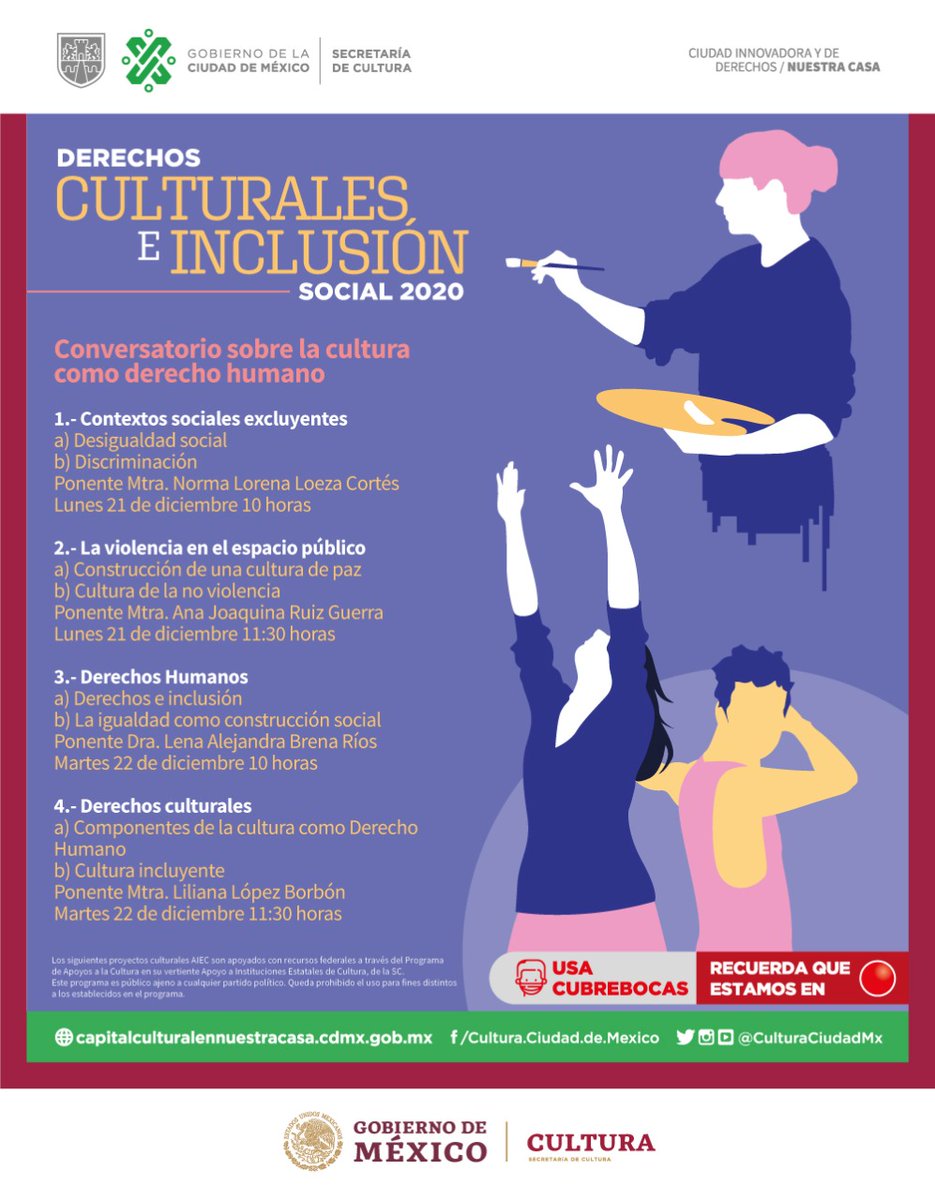 CulturaCiudadMx's tweet photo. Derechos culturales e inclusión social 2020.

Conoce más sobre cultura e inclusión en estos conversatorio sobre la cultura como derecho humano.

No te los pierdas este lunes 21 de diciembre a partir de las 10 horas a través de: https://t.co/bdzTvoUDuD

#CapitalCultural de América https://t.co/y6boHHXw4T