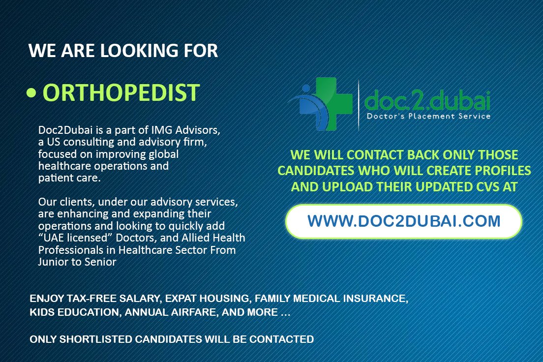 We are looking for Orthopedist
APPLY NOW: doc2dubai.com

#Orthopedist #hiring #job #recruitment #Recruiting #staffing #hospitals #doctors #nurses #AHPs #Dubai #AbuDhabi #Sharjah #Doc2dubai