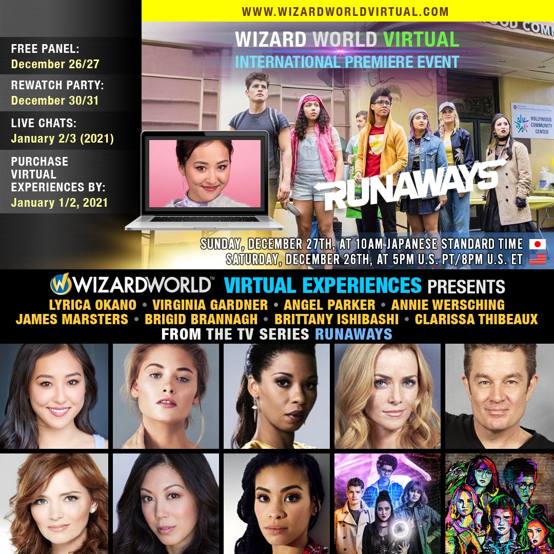 NEXT WEEK (Dec 26/27) meet #LyricaOkano <a href="/VirginiaGardner/">Virginia Gardner</a> <a href="/angelparker/">Angel Parker</a> <a href="/Wersching/">Annie Wersching</a> <a href="/JamesMarstersOf/">James Marsters</a> <a href="/brigidbrannagh/">Brigid Brannagh</a> @BrittIshibash &amp; <a href="/ClarissaT/">Clarissa Audrys Tanaka</a> in a FREE LIVE Q&amp;A! 

🎟️ wizardworldvirtual.com Dec 27 - Jan 3 #WizardWorldVirtualExperiences #MarvelVirtualExperiences #MarvelsRunaways