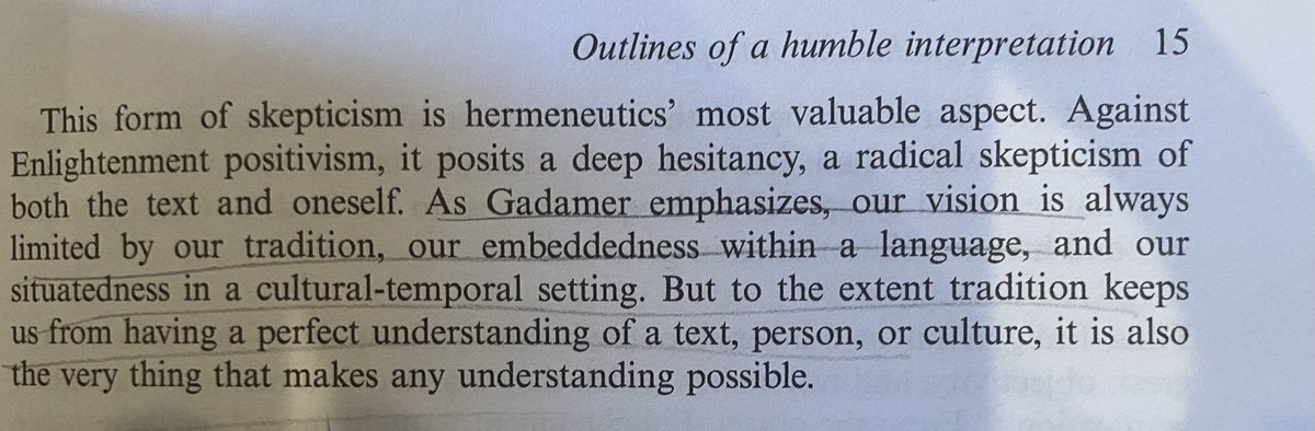 So you got my take but here’s explanation from Mundorff. TLDR: rejection of Cartesian duality, embrace of hermeneutic skepticism