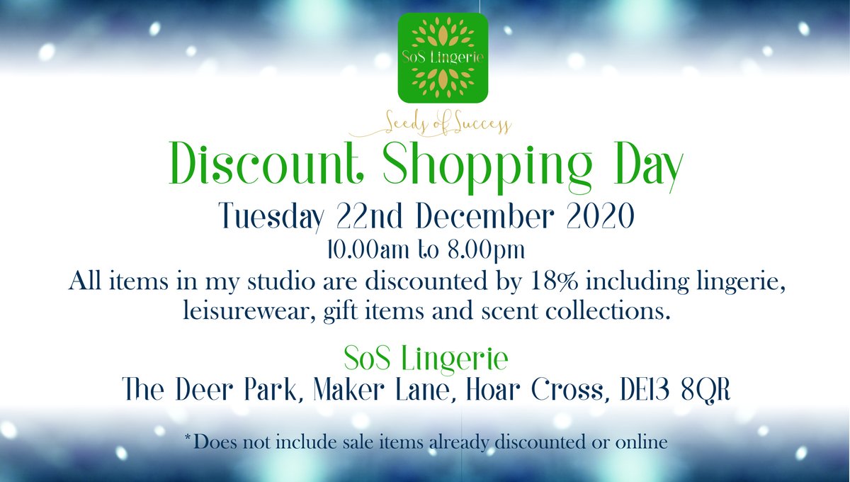 LingerieSoS's tweet photo. Come along to our late night shopping event at The Deer Park on Tuesday 22nd December 2020. All items will be discounted by a huge 18%, this includes lingerie, gifts, leisurewear and our scent collection. 
#DiscountShopping #LateNightShopping #SoSLingerie https://t.co/7SjDUUMwAq