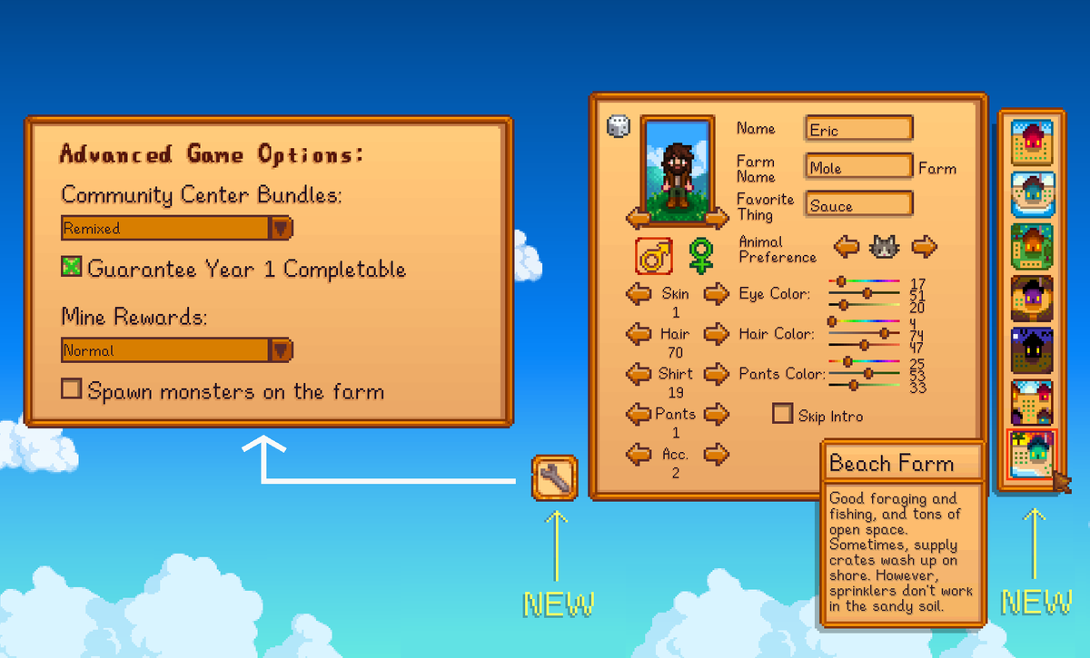 If you're a seasoned player thinking of starting a new farm when 1.5 comes out, I'd like to highlight a couple of new features. There will be a new farm type, "Beach Farm", and a new "Advanced Game Options" menu, from which you can adjust some aspects of the game: