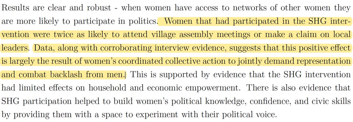 Indian women who participated in self-help groups were TWICE as likely to make claims on local leaders! These groups enabled political discussions, realisation of shared interests & support to counter backlash. https://www.soledadprillaman.com/strength-in-numbers Fantastic randomista paper by Prillaman