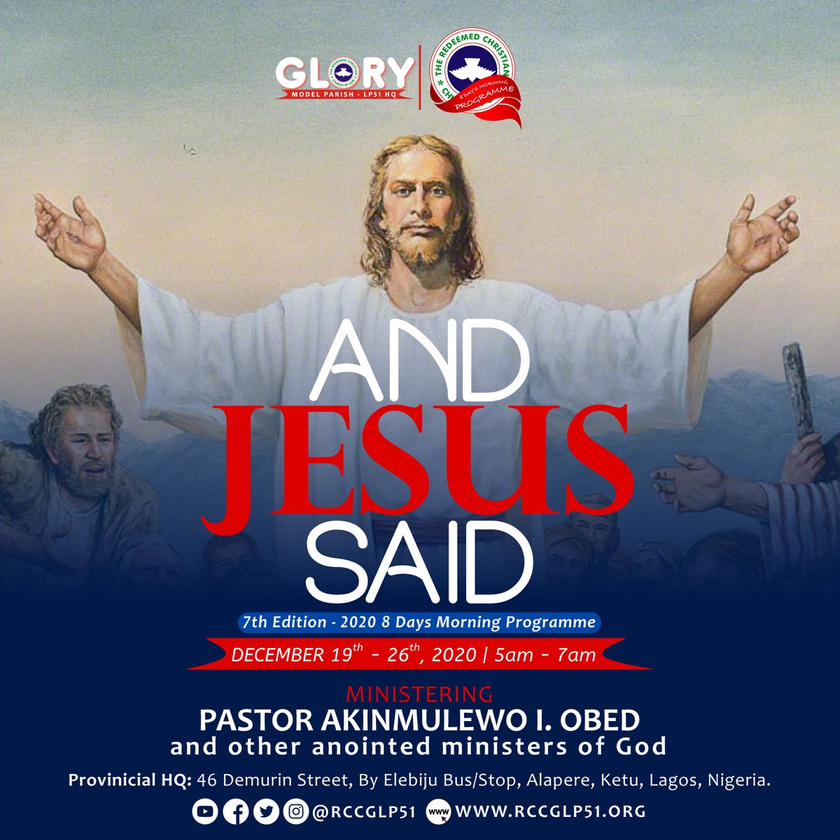rccgregion53's tweet photo. The Largest gathering of the Year is already here!!! The 7th Edition of the #8DaysProgramme, and we know you are delighted to be part of this great experience again.
Jesus is here...
Don't miss it. Do tag & mention someone to invite them ❤️
#AndJesusSaid
#8DaysMorningProgramme https://t.co/lLLyL3zsS3
