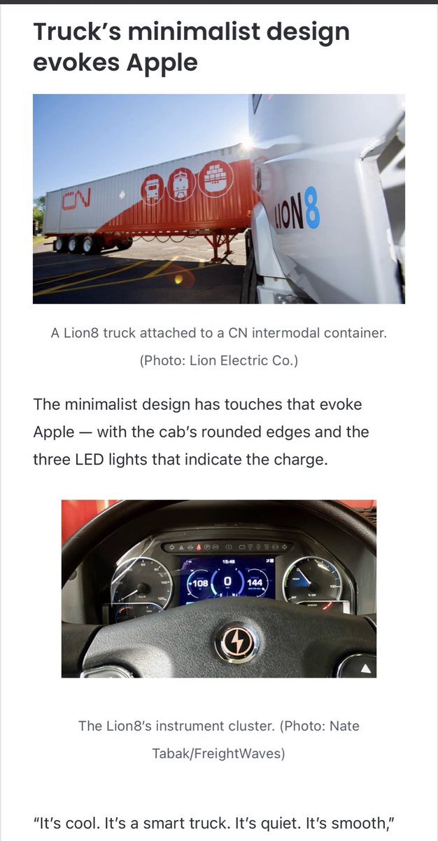 Per Freight Waves, Lion Electric  $NGA truck design and experience evokes that of Apple’s minimalistic and smooth feel. https://www.freightwaves.com/news/lions-electric-trucks-lean-on-road-tested-tech