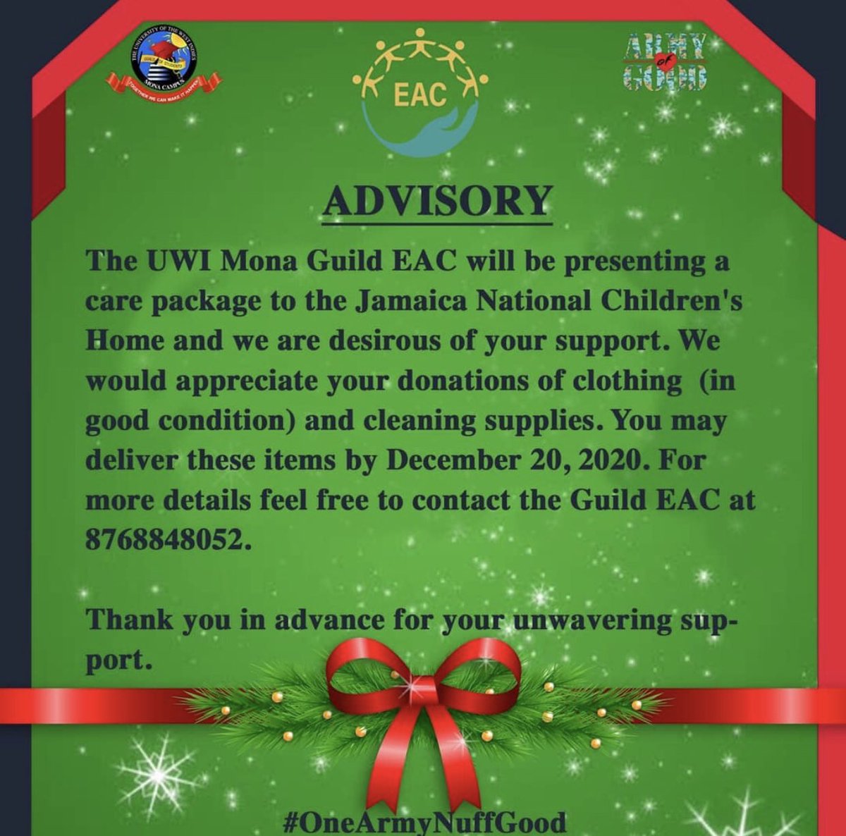 uwiguildeac's tweet photo. Hey there ๐๐พ
Remember to spread some love by donating items through the UWI Mona Guild EAC today! See the graphic below and feel free to dm us for more details.๐
#GuildEAC2020 #OneArmyNuffGood https://t.co/sJf29OEw98