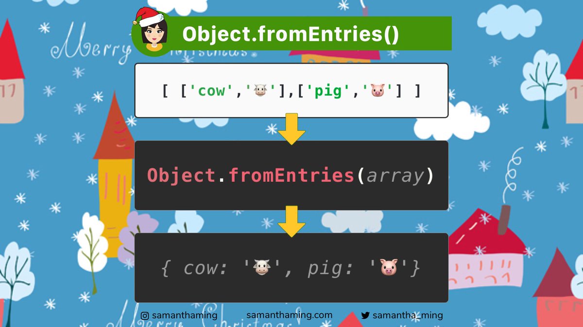 samantha_ming's tweet image. #CodeTidbits30 Day 20 🎄
An object is made up of key and value. So we need to start with a nested array with key-value pairs. From there, we can pass it into Object.fromEntries. This will convert our array into an object, yay 👏
#Codenewbie #100DaysOfCode #301DaysOfCode