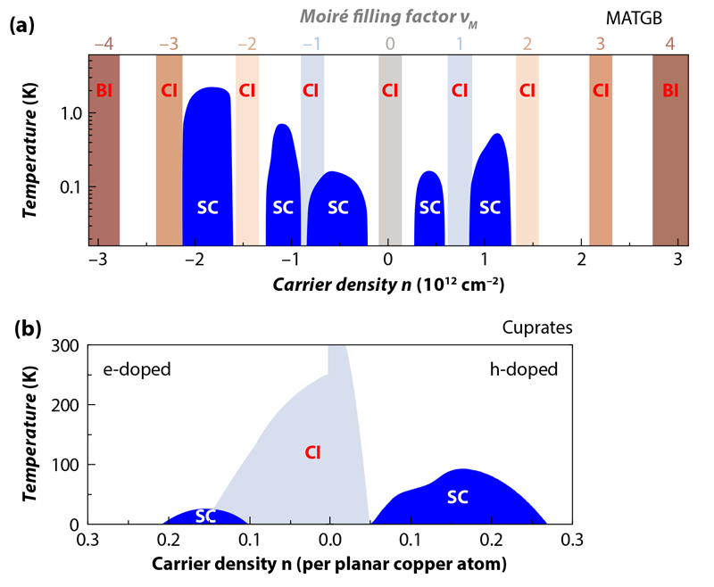 For some (still unknown) reason this new twisted material acts like a cuprate superconductor! Even though neither graphene sheet by itself has any hints of superconductivity (or insulating behavior).