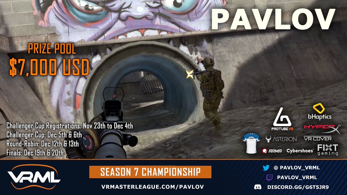 LESS THAN 1 HOUR
Find out who will be crowned this season's Champions and win over $7,000 in prizes!👑🏆🤩

<a href="/ThinkingVr/">ThinkingVR</a> vs MyWaifuList

🌐vrmasterleague.com/Pavlov/Champio…
📺twitch.tv/pavlov_vrml
<a href="/HyperX/">HyperX</a> @bHaptics <a href="/CybershoesVR/">Cybershoes</a> <a href="/ProTubeVR/">ProTubeVR</a> <a href="/AsterionProduct/">Asterion Products™</a> <a href="/FiXT_Gaming/">FiXT Gaming</a> <a href="/davevillz/">davevillz</a> <a href="/ARMAgg/">ARMA</a>