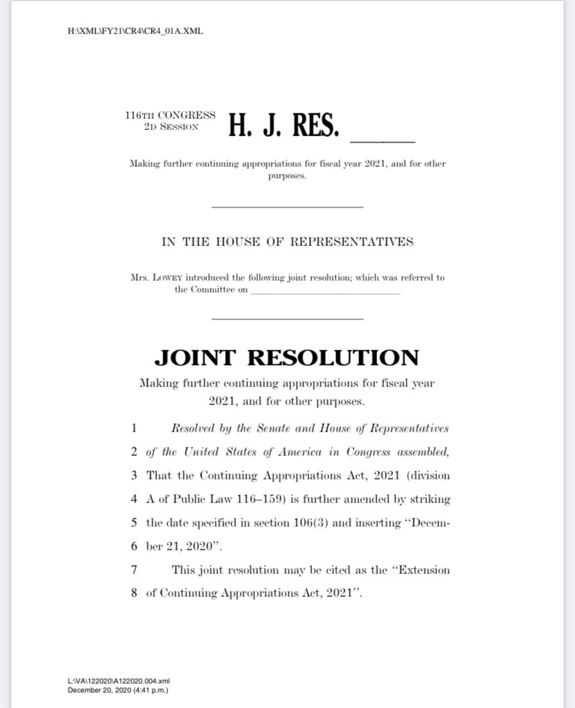 House Approps Chair  @NitaLowey files 24-hour CR to avert government shutdown tonight and buy Congress a little more time to pass COVID relief/omnibus deal