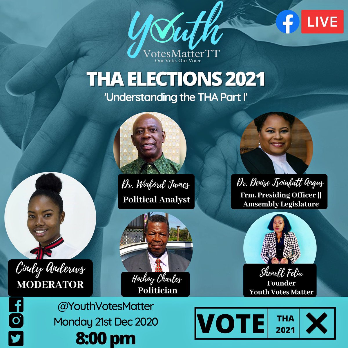 youthvotesmatt's tweet photo. We kick off our THA 2021 Youth Votes Matter Campaign Officially on Monday 21st Dec at 8 pm on Facebook LIVE by offering a clear understanding of the Tobago House of Assembly (THA). 

We offer a safe space for open dialogue to encourage youths to become more involved in politics. https://t.co/9bWwiKcng8
