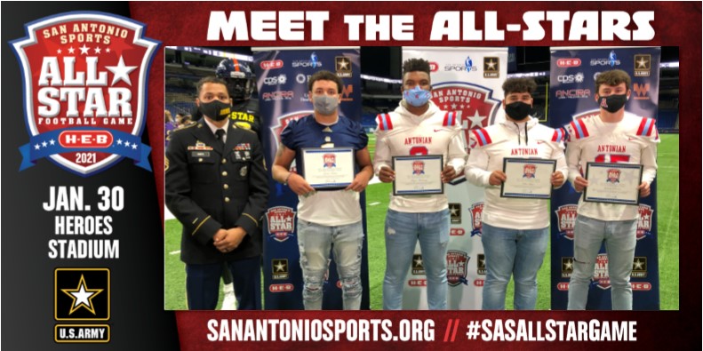 SA_Sports's tweet photo. Congrats to @knights_cross @Battles6Jordan &amp; @acpapaches, @armstrongb_15 @ethanrlopez &amp; @ZachSchwalen who will play for #TeamGold in @SA_Sports All-Star Football Game! Watch them tonite on @KABBFOX29 Max Sports at 9:30 pm &amp; take the field on Jan. 30. @ArmySanAntonio https://t.co/3P2PD5XJ8p