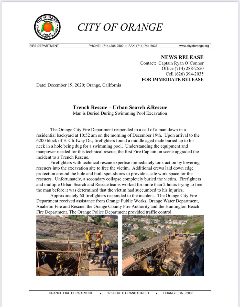 Trench Rescue – Urban Search &amp; Rescue Incident
On December 19 at 10:52 am, The Orange City Fire Department responded to a call of a man down in a residential backyard at the 6200 block of E. Cliffway Dr. Please see attachment for complete details.