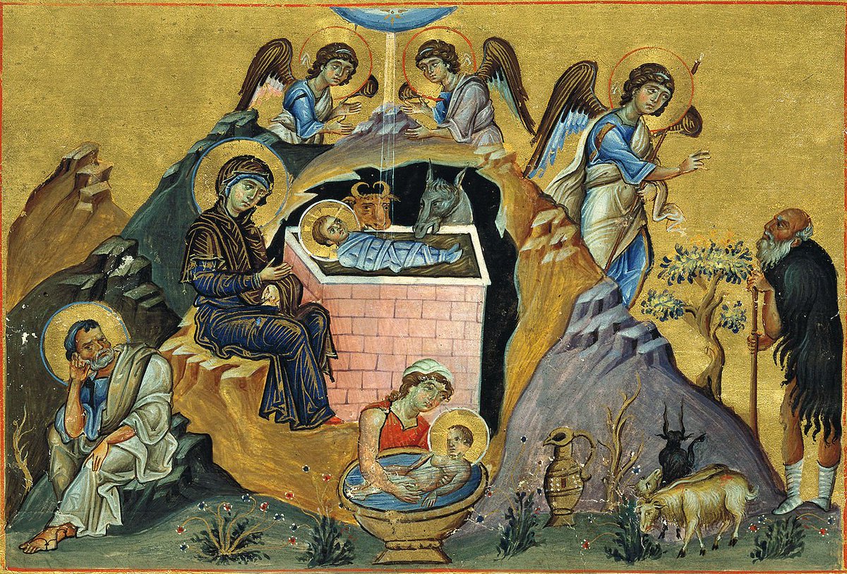 Another Byzantine Nativity, from the Menologion of Basil II, c. AD 1000:  https://commons.m.wikimedia.org/wiki/File:Menologion_of_Basil_053.jpg